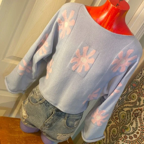 Kawaii Cute Adorable Floral Blue and Pink Knit Sweater - Picture 1 of 12